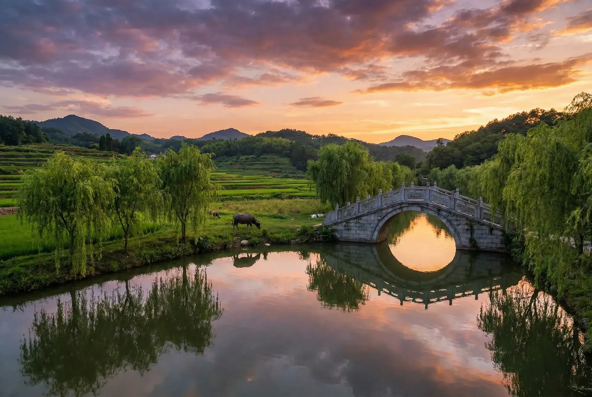 夕阳下的石拱桥与垂柳，水牛在河边吃草 - XL上司未增删带翻译动漫 乡村美景